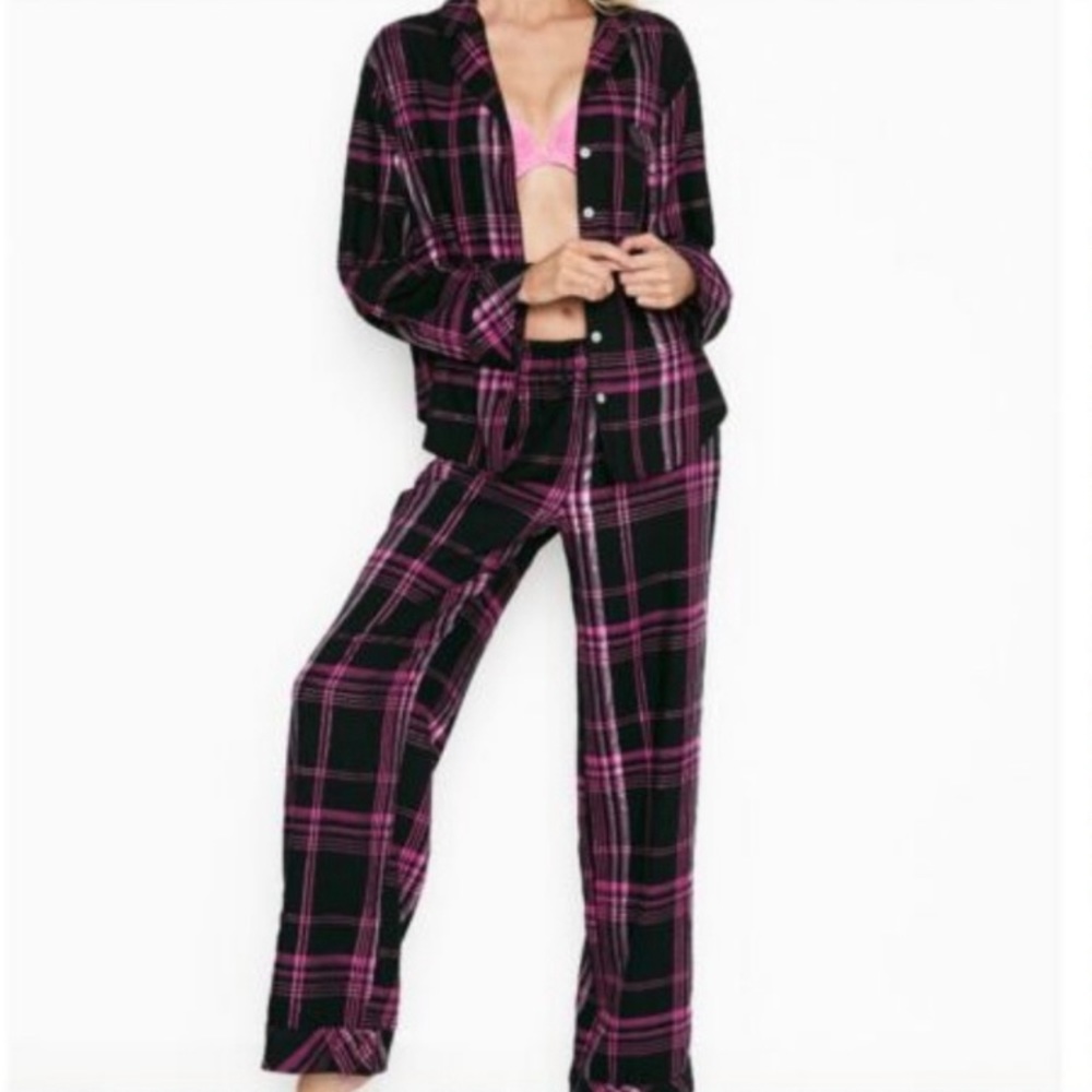 Victoria’s Secret EUC Sz Large Black & Pink Shimmer Plaid PJs Pajamas